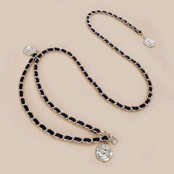 NEW Gold Black Rose Camellia Flower Charms Interwoven Chain Belt - Picture 13 of 14